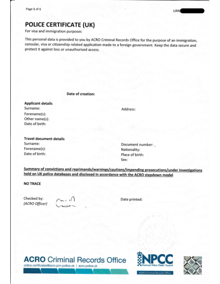 Certificado de antecedentes penales (ACRO) + Apostilla